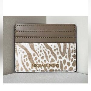 New Michael Kors Jet Set Travel Card Holder Haircalf/Leather Exotic Print Camel